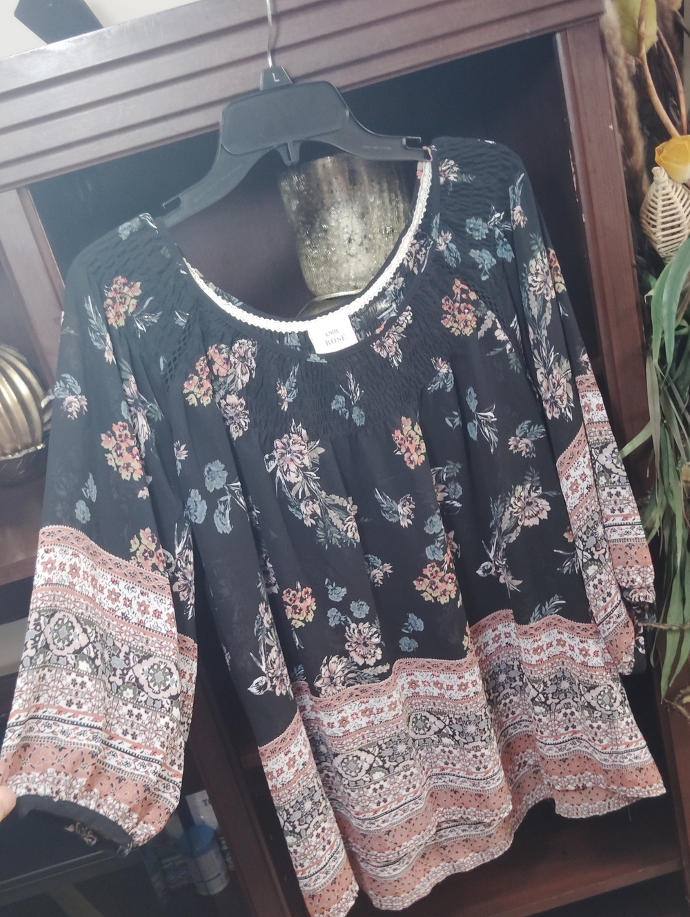 Knox Rose Black Floral Peasant Tunic with Rose and Blue Accents